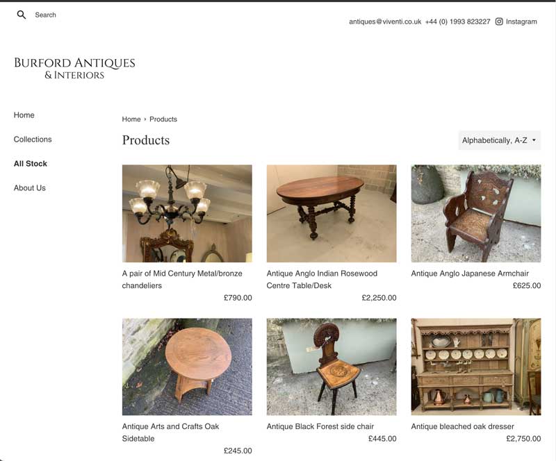 Antiques store product web page
