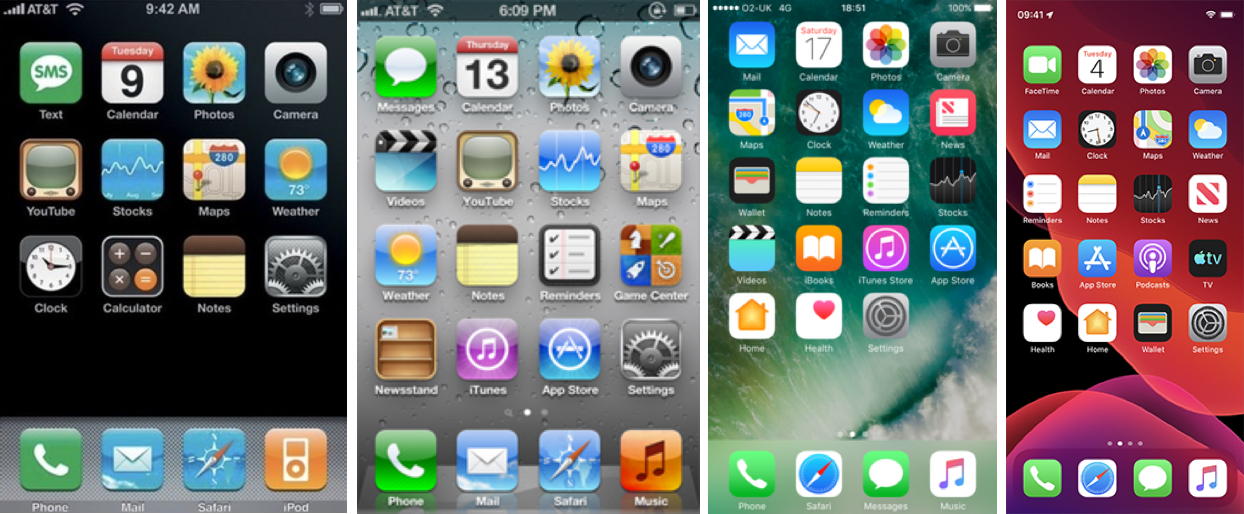 Screenshots of apple phones from 2007 to 2019